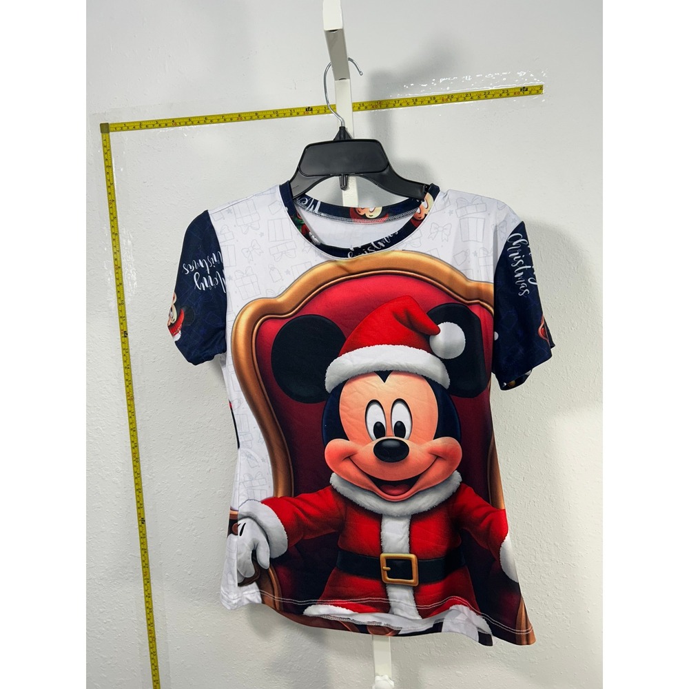 Disney‎ Mickey Mouse Santa Christmas T-Shirt All Over Print Holiday Navy White S